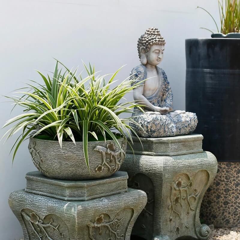 16.9″ Garden Buddha Statue - Durable Magnesium Oxide - Flower Seated Theme
