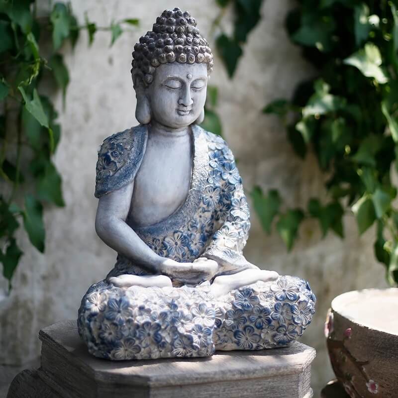 16.9″ Garden Buddha Statue - Durable Magnesium Oxide - Flower Seated Theme
