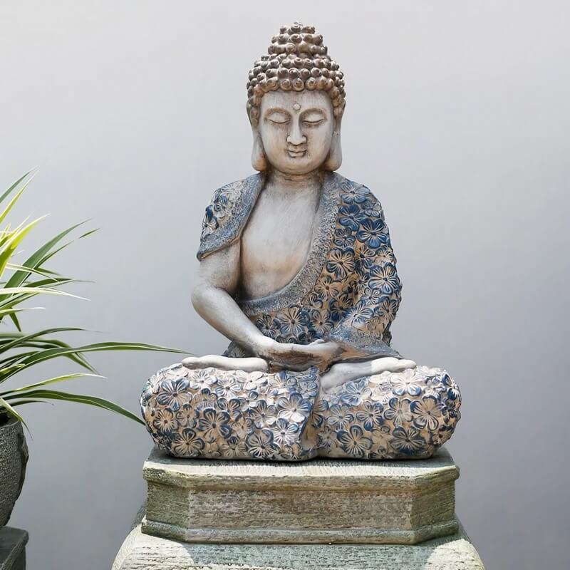 16.9″ Garden Buddha Statue - Durable Magnesium Oxide - Flower Seated Theme