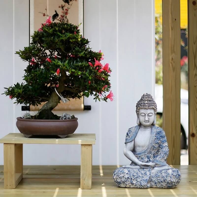16.9″ Garden Buddha Statue - Durable Magnesium Oxide - Flower Seated Theme