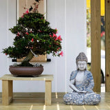 16.9″ Garden Buddha Statue - Durable Magnesium Oxide - Flower Seated Theme