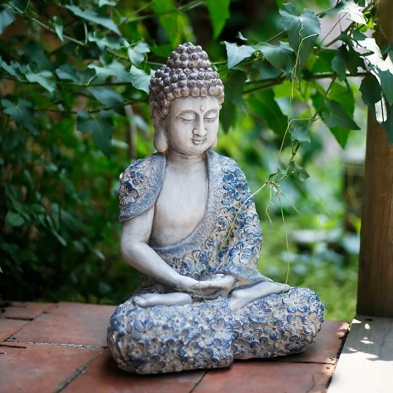 16.9″ Garden Buddha Statue - Durable Magnesium Oxide - Flower Seated Theme