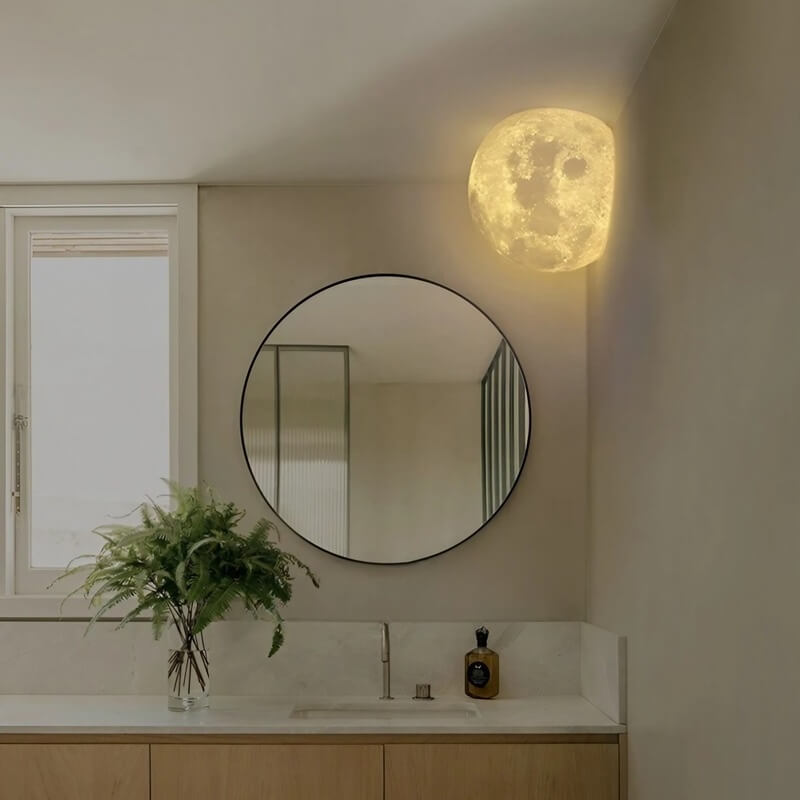20cm Resin Moon Wall Lamp - Hardwired, Warm White Corner Lamp in Wabi-Sabi Style
