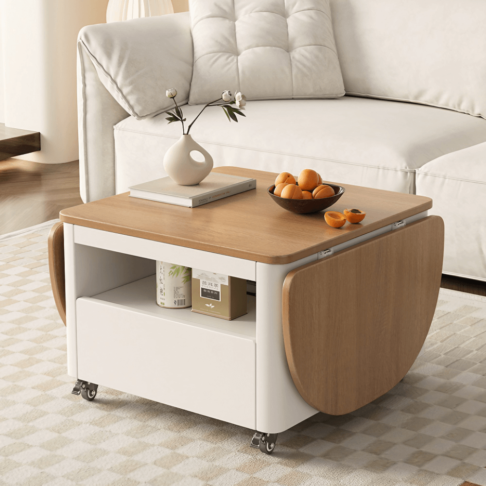24'' Oval Coffee Table with Natural Wood Top and Iron Frame Base, Multifunctional with Locking Wheels
