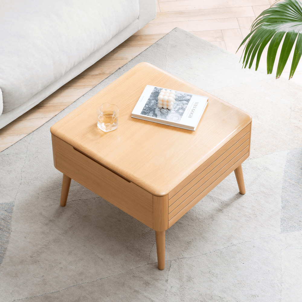24" Square Solid Wood Coffee Table with Iron Legs - Lift Top Multifunctional Design in Natural Wood Color