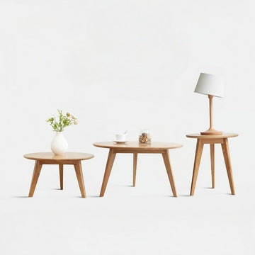 24″ Natural Wood Top Round Coffee Table - Japandi Minimalist Solid Wood 3 Legs