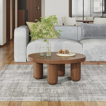 24″ Round Wooden Coffee Table - Solid Wood Base with 4 Legs - Walnut Top - Japandi Style Minimalist