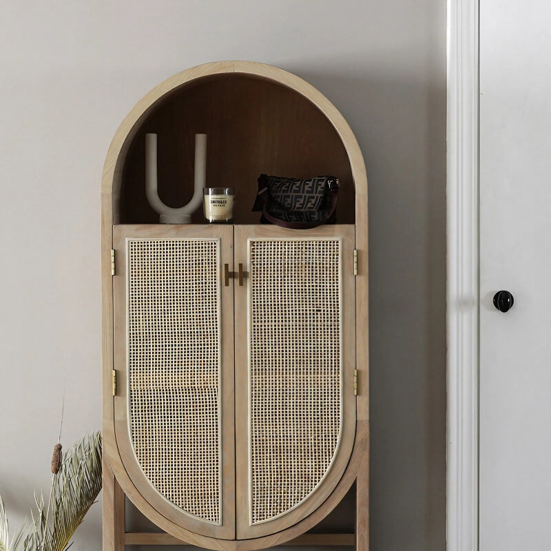 26" Rattan Dresser - Natural - Shelves, Doors Included - Japandi Style - Ash Wood Top
