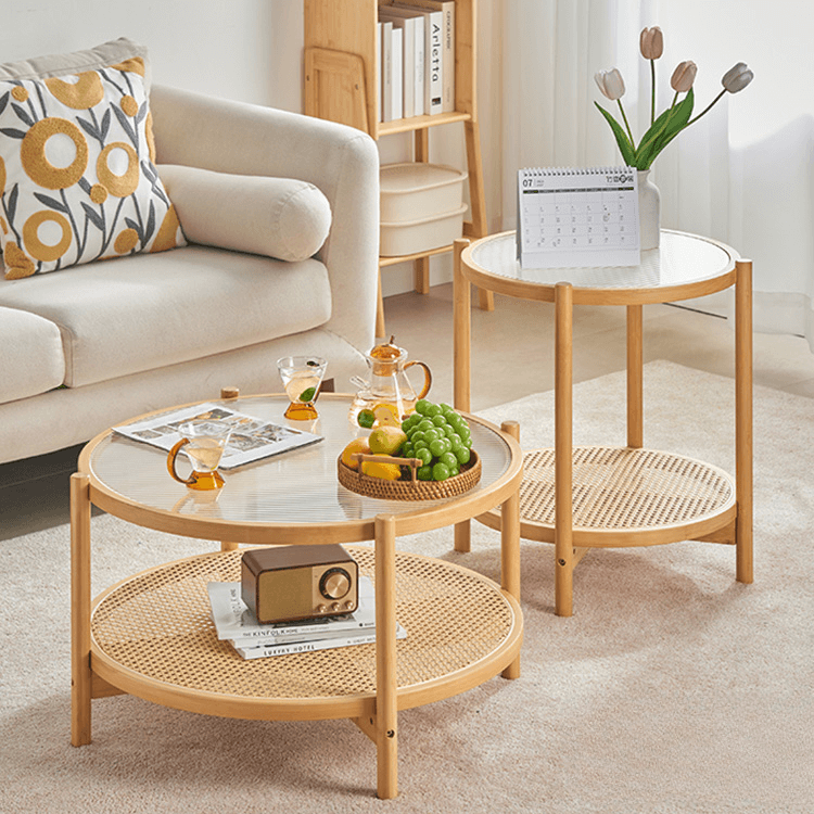 2-Tiered Modern Round Wood Coffee Table with Rattan Base