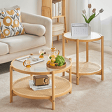 2-Tiered Modern Round Wood Coffee Table with Rattan Base