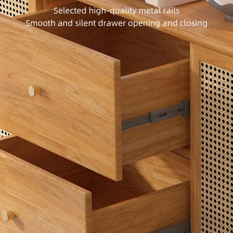 31" Rattan Dresser with Shelves and Doors - Nordic Style, PVC and Solid Wood, Natural Color Top