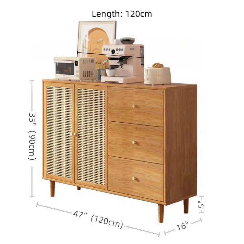 31" Rattan Dresser with Shelves and Doors - Nordic Style, PVC and Solid Wood, Natural Color Top