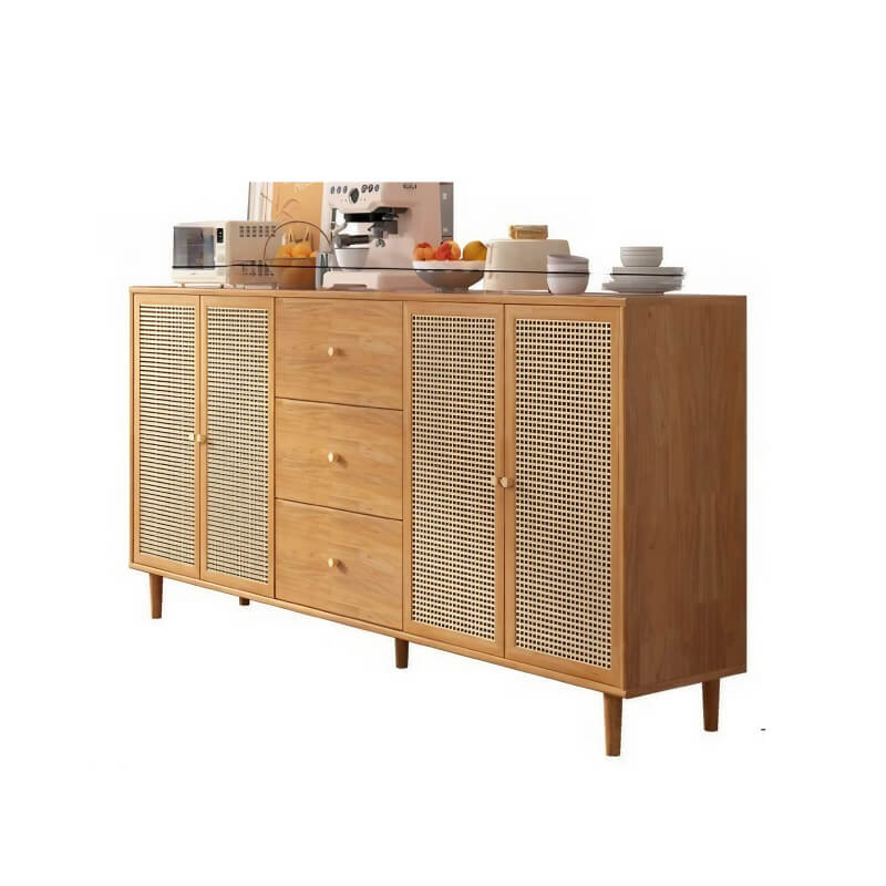 31" Rattan Dresser with Shelves and Doors - Nordic Style, PVC and Solid Wood, Natural Color Top