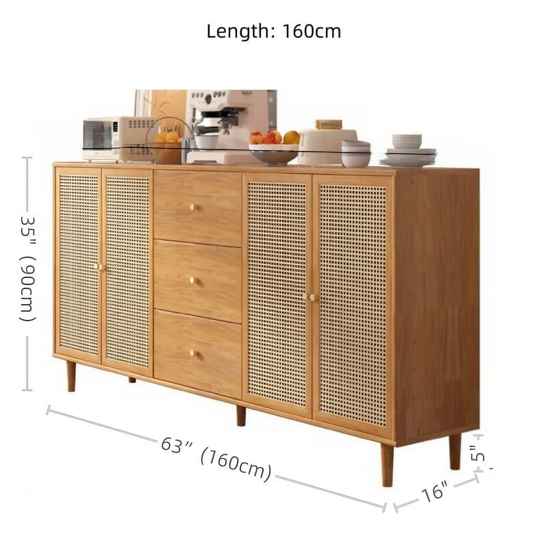 31" Rattan Dresser with Shelves and Doors - Nordic Style, PVC and Solid Wood, Natural Color Top