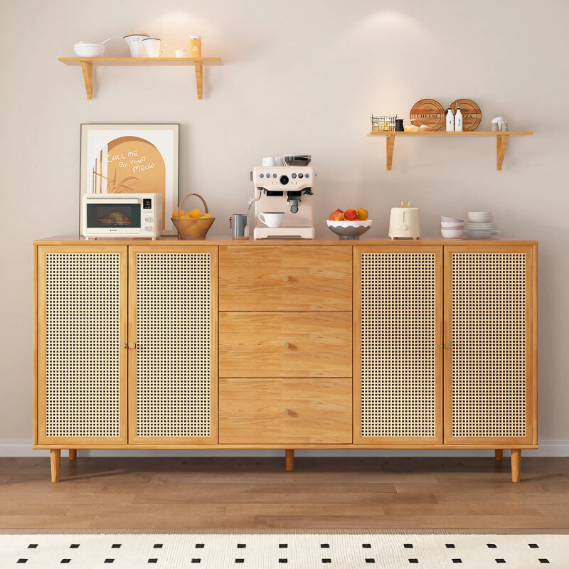 31" Rattan Dresser with Shelves and Doors - Nordic Style, PVC and Solid Wood, Natural Color Top