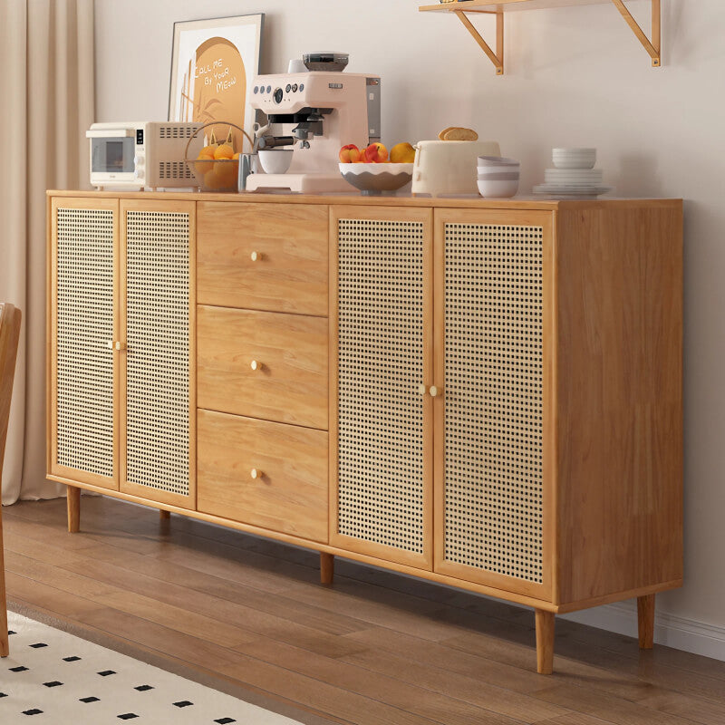 31" Rattan Dresser with Shelves and Doors - Nordic Style, PVC and Solid Wood, Natural Color Top