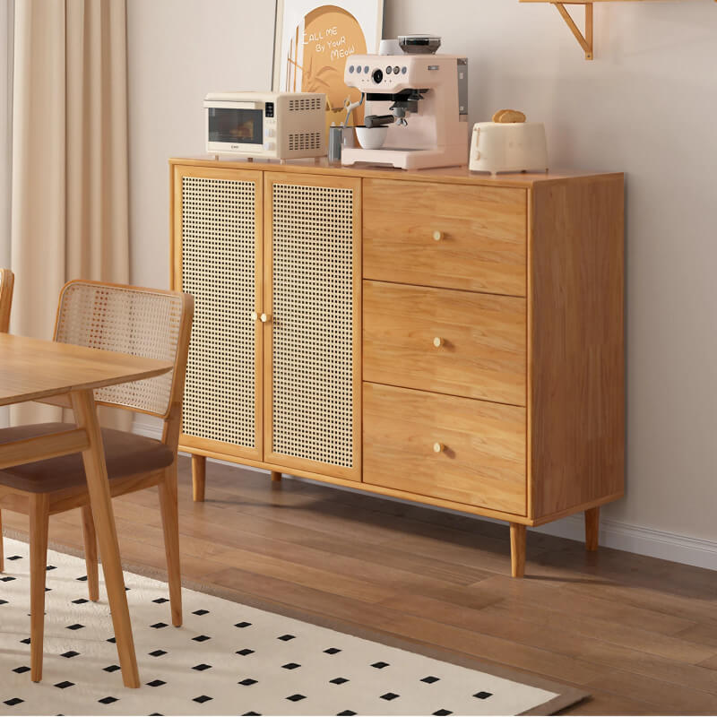 31" Rattan Dresser with Shelves and Doors - Nordic Style, PVC and Solid Wood, Natural Color Top