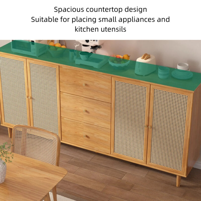 31" Rattan Dresser with Shelves and Doors - Nordic Style, PVC and Solid Wood, Natural Color Top