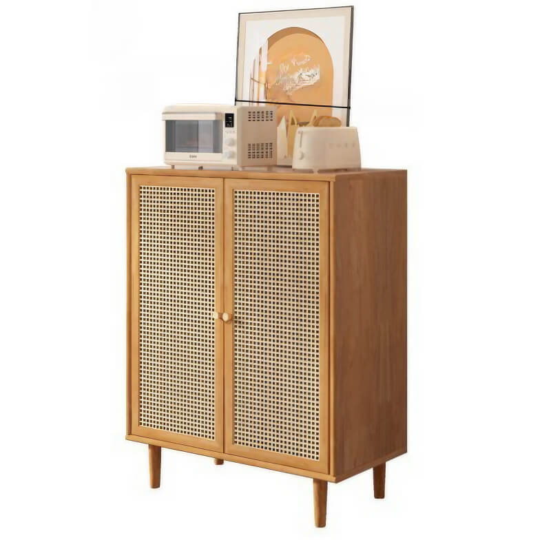 31" Rattan Dresser with Shelves and Doors - Nordic Style, PVC and Solid Wood, Natural Color Top