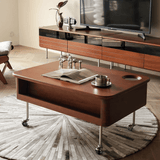 35'' Rectangular Solid Wood Coffee Table with Locking Wheels and Multifunctional Design in Caramel