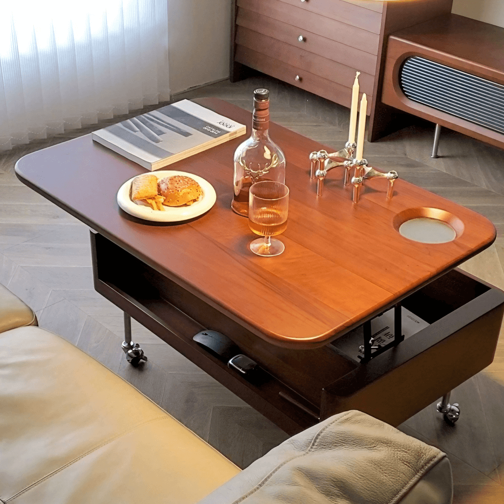 35'' Rectangular Solid Wood Coffee Table with Locking Wheels and Multifunctional Design in Caramel