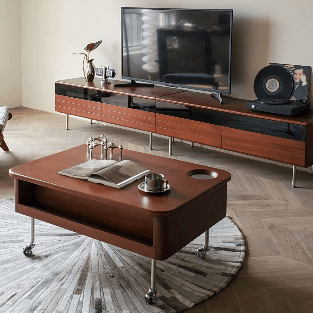 35'' Rectangular Solid Wood Coffee Table with Locking Wheels and Multifunctional Design in Caramel