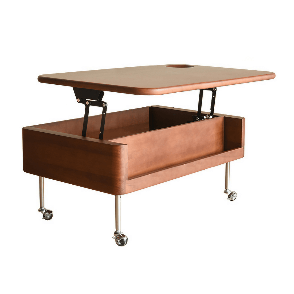 35'' Rectangular Solid Wood Coffee Table with Locking Wheels and Multifunctional Design in Caramel