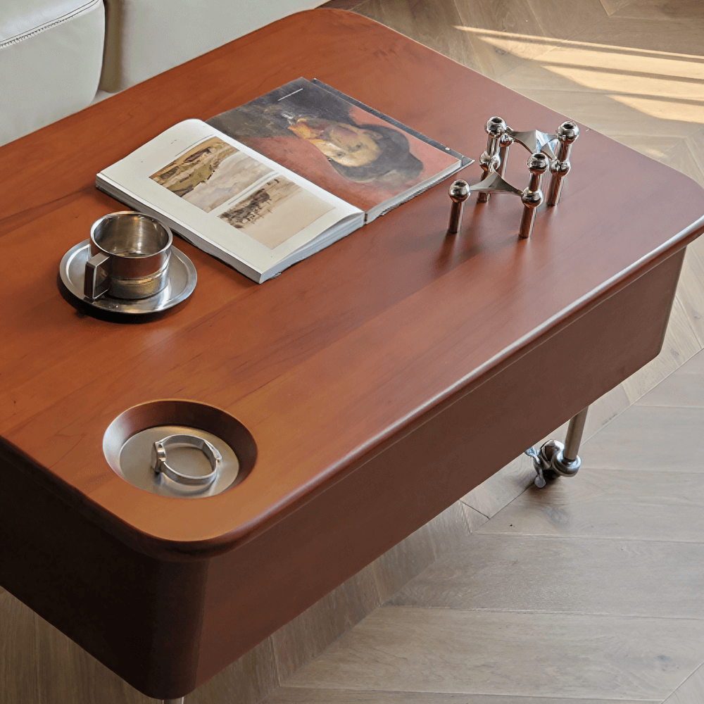 35'' Rectangular Solid Wood Coffee Table with Locking Wheels and Multifunctional Design in Caramel