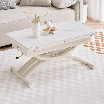 35'' White Glass Lift Top Coffee Table with Multifunctional Double Pedestal Base