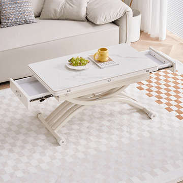 35'' White Glass Lift Top Coffee Table with Multifunctional Double Pedestal Base