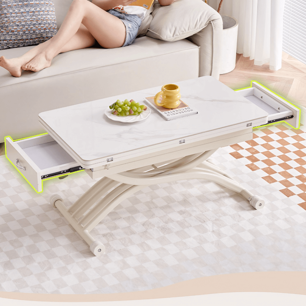 35'' White Glass Lift Top Coffee Table with Multifunctional Double Pedestal Base