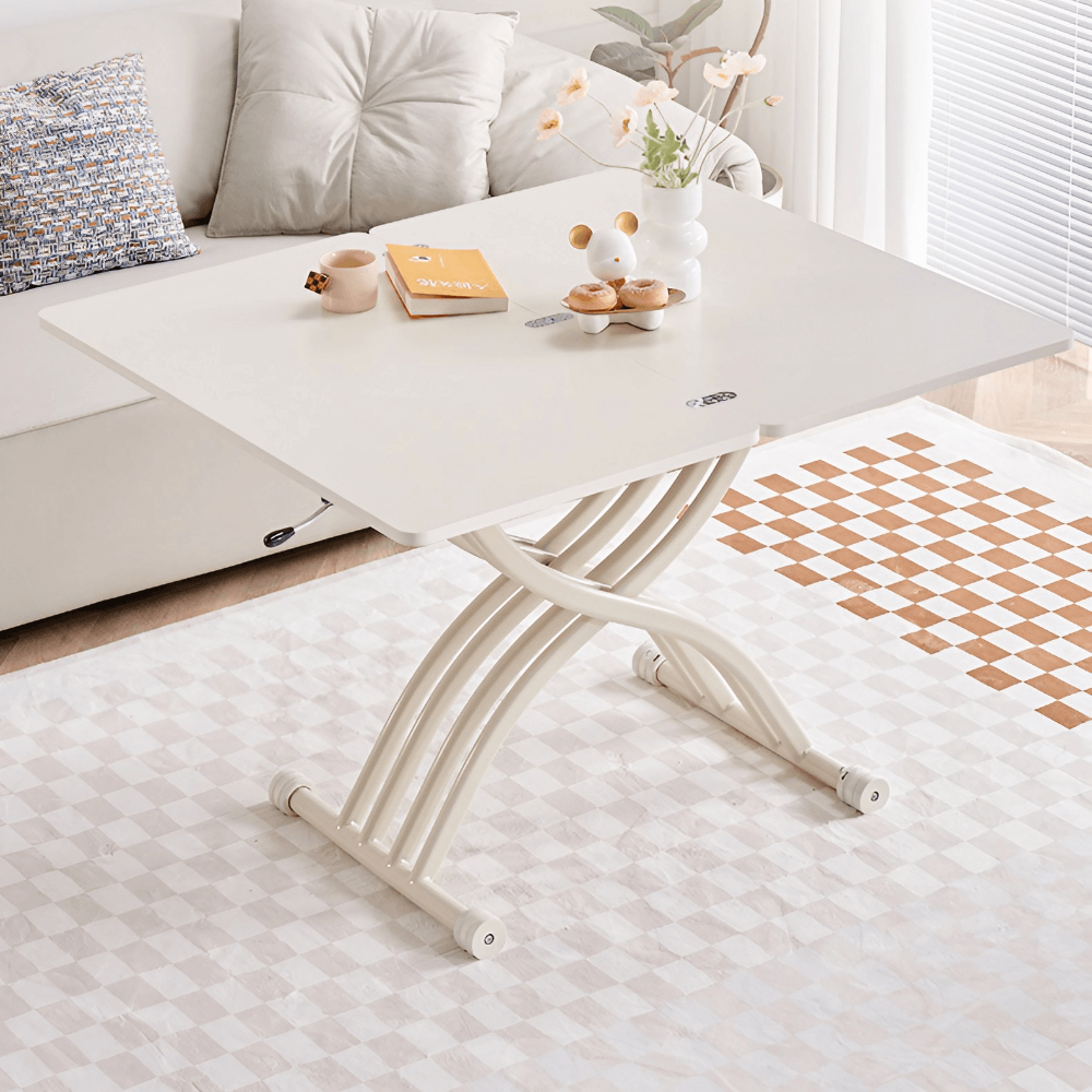 35'' White Glass Lift Top Coffee Table with Multifunctional Double Pedestal Base