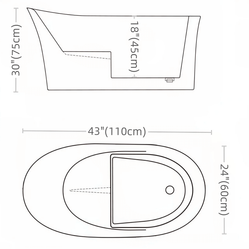 43.1″ Oval Acrylic Japanese Deep Soaking Bathtub - Modern Freestanding Style