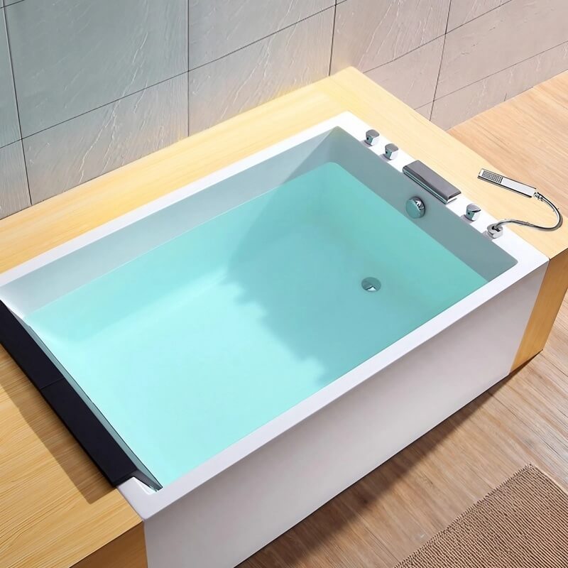 43.31″ Rectangle Acrylic Two Person Bathtub - Deep Soaking Modern Style with Five-Piece Faucet Set