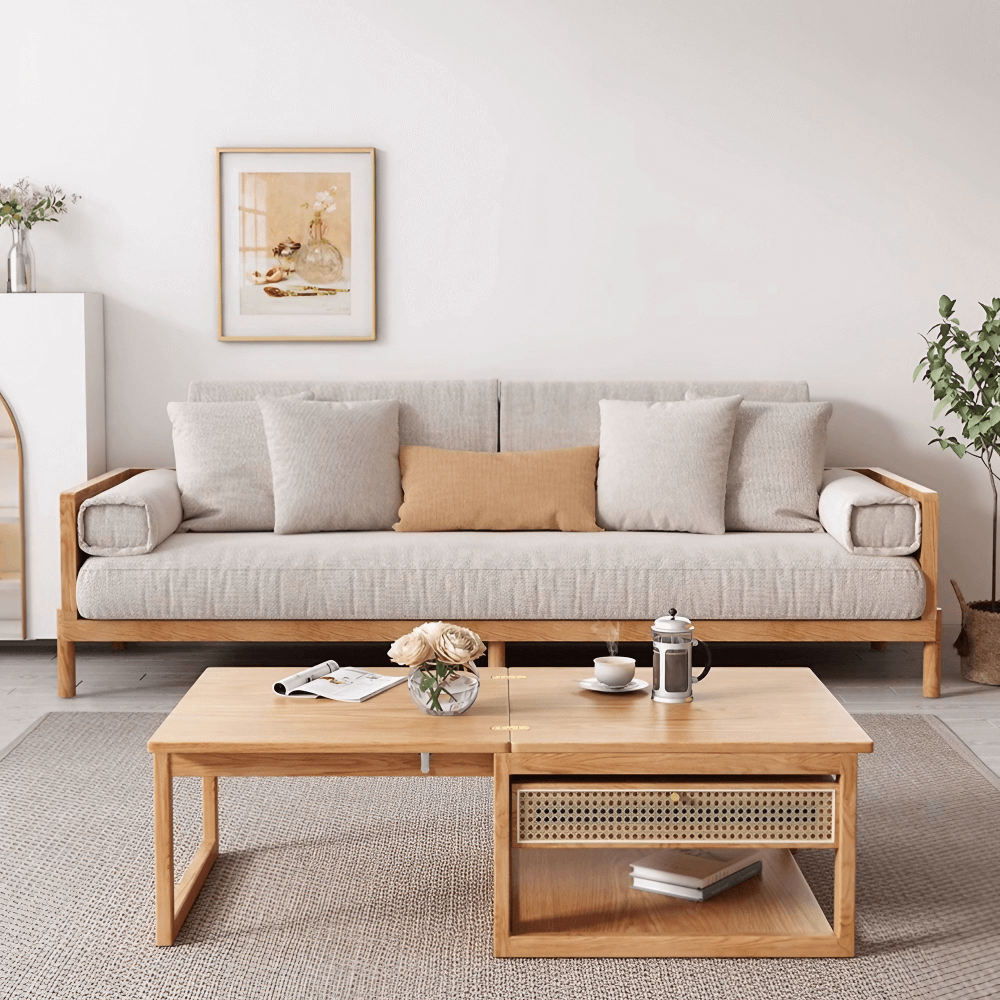 47-Inch Rectangular Solid Wood Multifunctional Coffee Table with Ash Wood and Rattan Block Base