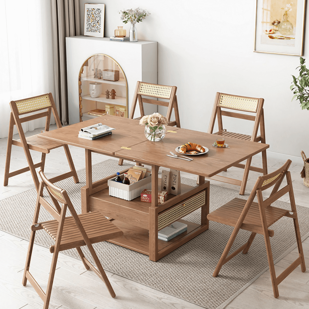 47-Inch Rectangular Solid Wood Multifunctional Coffee Table with Ash Wood and Rattan Block Base