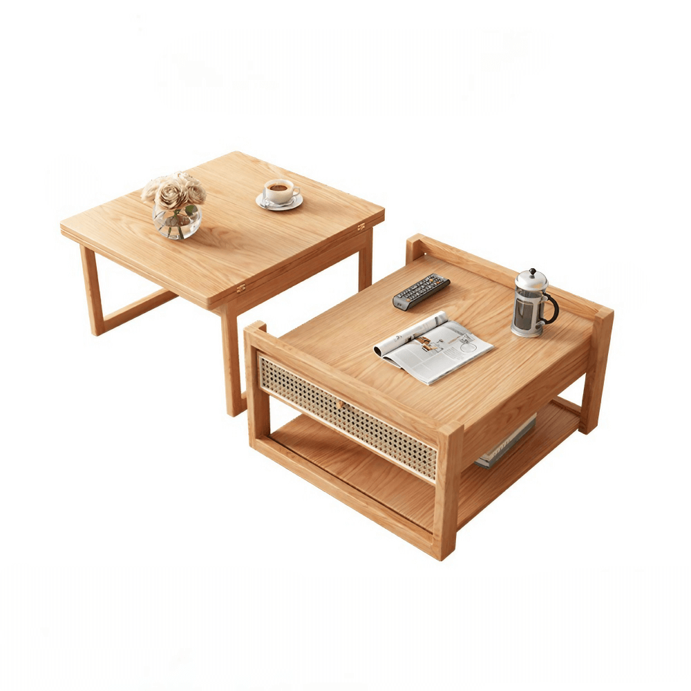 47-Inch Rectangular Solid Wood Multifunctional Coffee Table with Ash Wood and Rattan Block Base