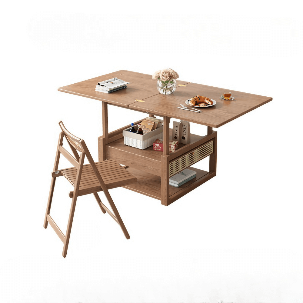 47-Inch Rectangular Solid Wood Multifunctional Coffee Table with Ash Wood and Rattan Block Base