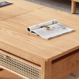 47-Inch Rectangular Solid Wood Multifunctional Coffee Table with Ash Wood and Rattan Block Base