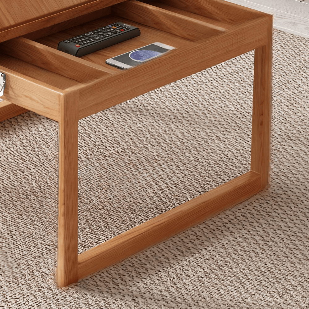 47-Inch Rectangular Solid Wood Multifunctional Coffee Table with Ash Wood and Rattan Block Base