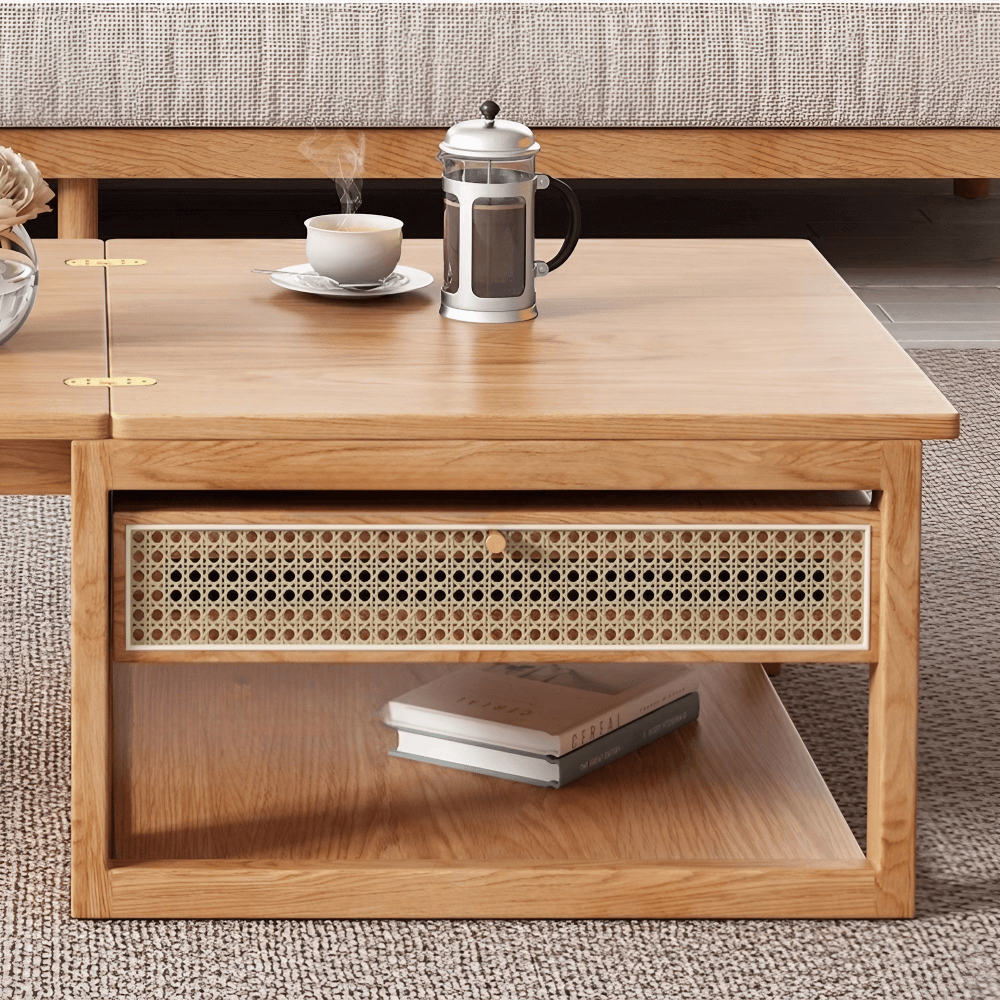 47-Inch Rectangular Solid Wood Multifunctional Coffee Table with Ash Wood and Rattan Block Base