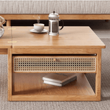 47-Inch Rectangular Solid Wood Multifunctional Coffee Table with Ash Wood and Rattan Block Base