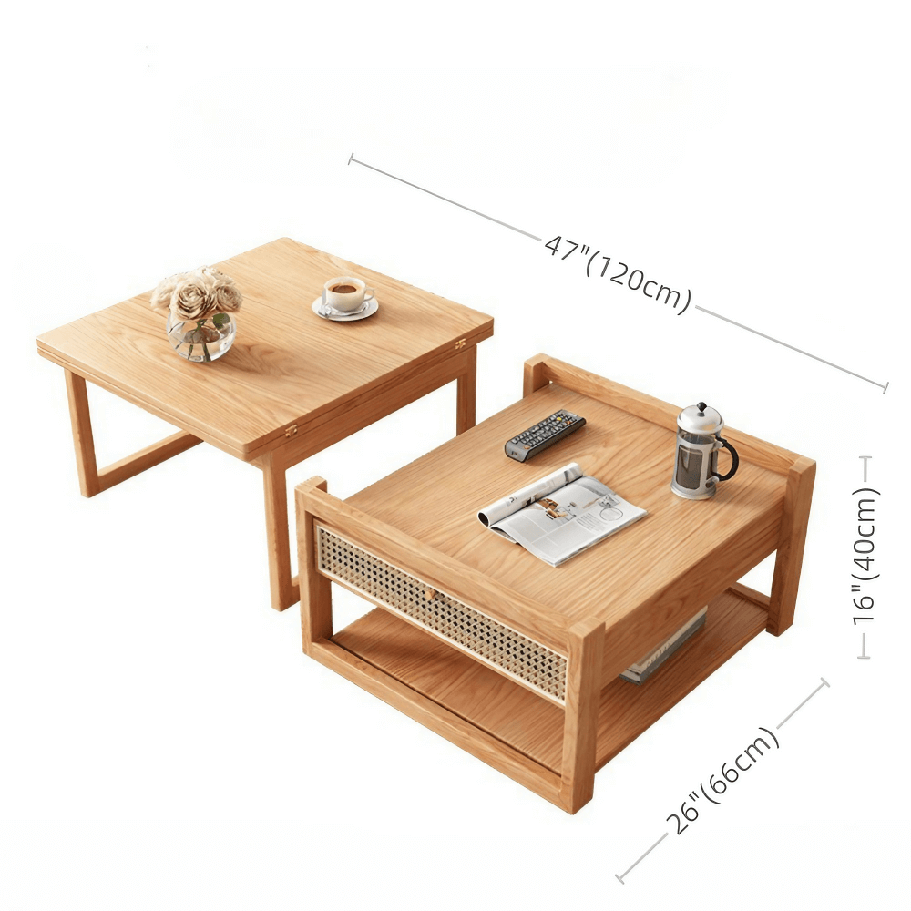 47-Inch Rectangular Solid Wood Multifunctional Coffee Table with Ash Wood and Rattan Block Base