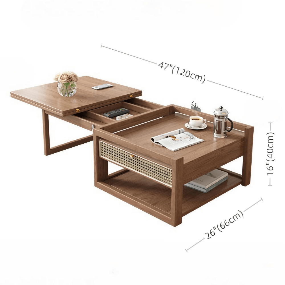 47-Inch Rectangular Solid Wood Multifunctional Coffee Table with Ash Wood and Rattan Block Base