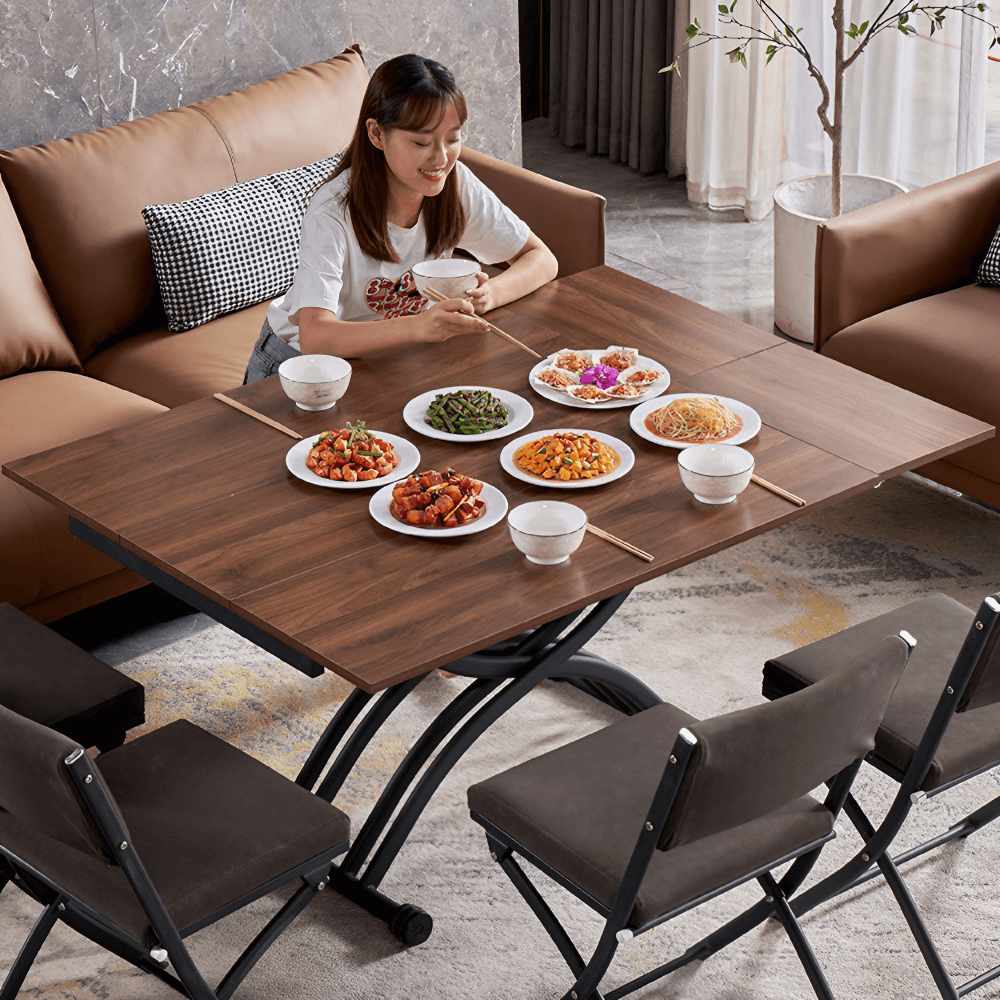 47'' Walnut Lift-Top Coffee Table - Multifunctional Rectangle Table with Iron Double Pedestal Base