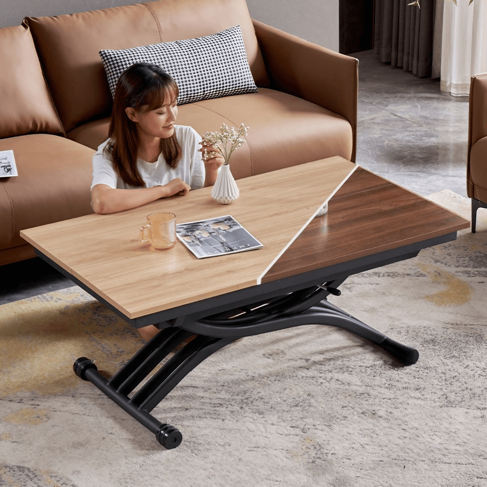 47'' Walnut Lift-Top Coffee Table - Multifunctional Rectangle Table with Iron Double Pedestal Base
