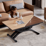47'' Walnut Lift-Top Coffee Table - Multifunctional Rectangle Table with Iron Double Pedestal Base