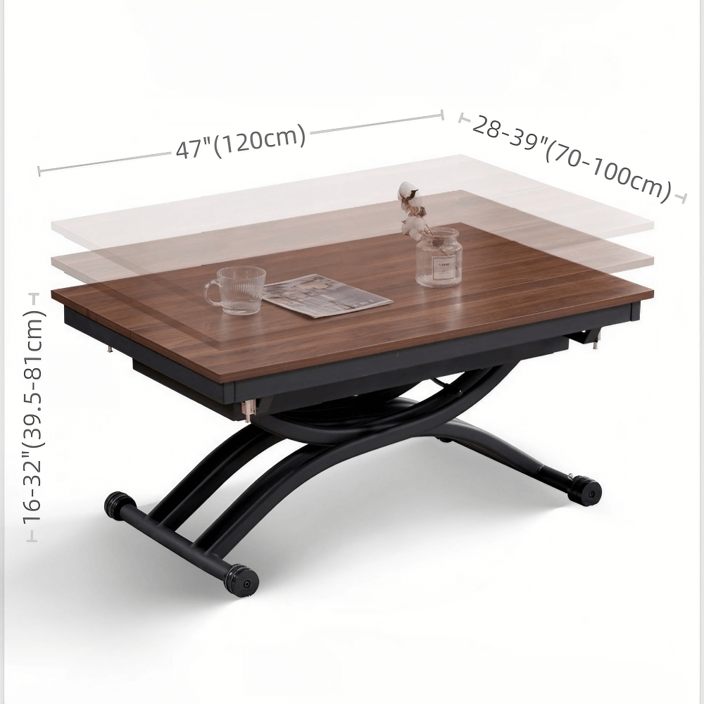 47'' Walnut Lift-Top Coffee Table - Multifunctional Rectangle Table with Iron Double Pedestal Base