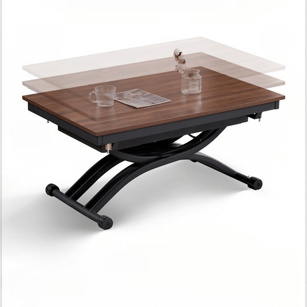 47'' Walnut Lift-Top Coffee Table - Multifunctional Rectangle Table with Iron Double Pedestal Base