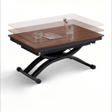 47'' Walnut Lift-Top Coffee Table - Multifunctional Rectangle Table with Iron Double Pedestal Base